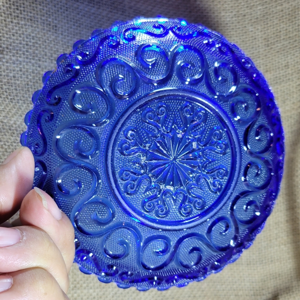 Vintage Cobalt Blue Pressed Glass Lacy Trinket Bowl